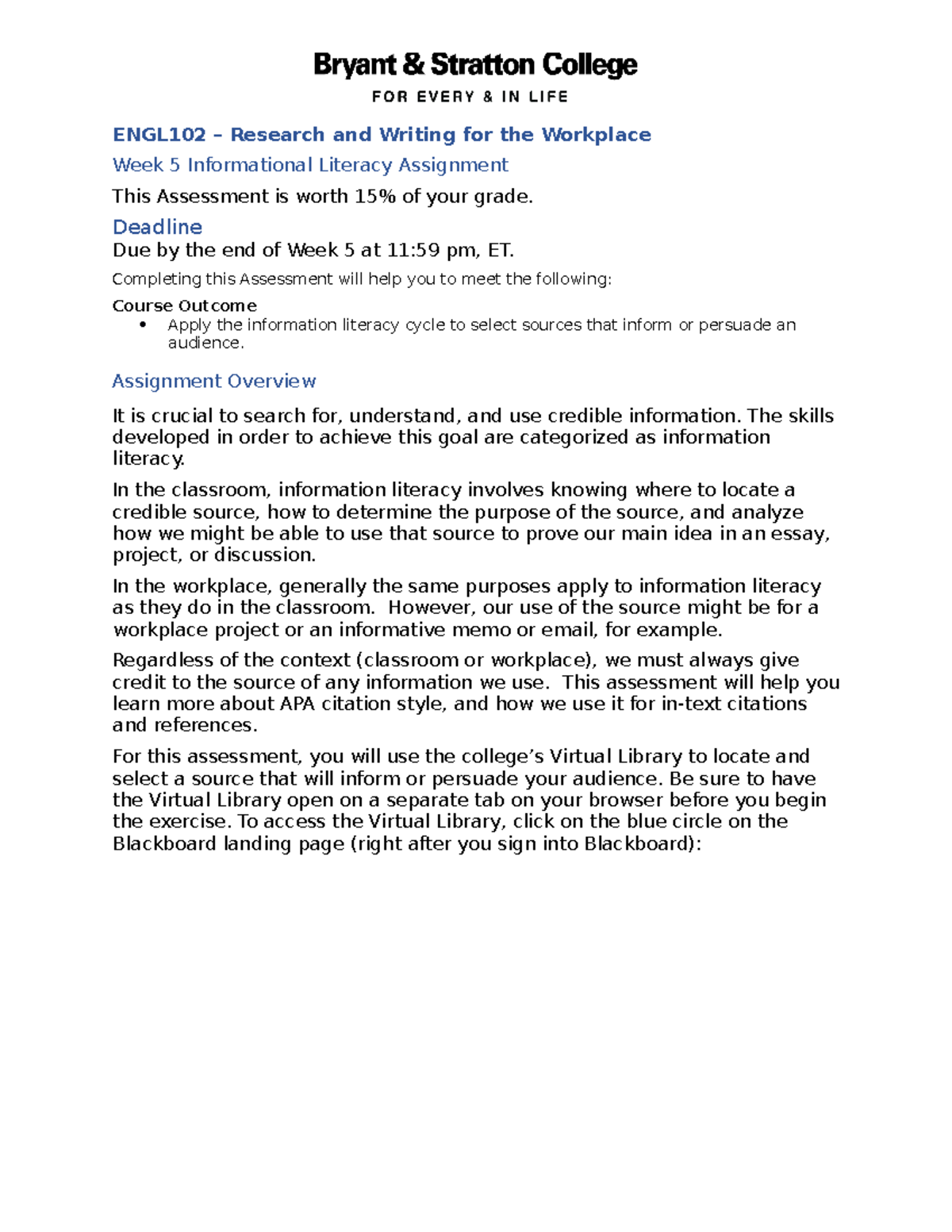 ENGL102 - Week 5 Info Literacy Assignment Overview & Guidelines - Studocu