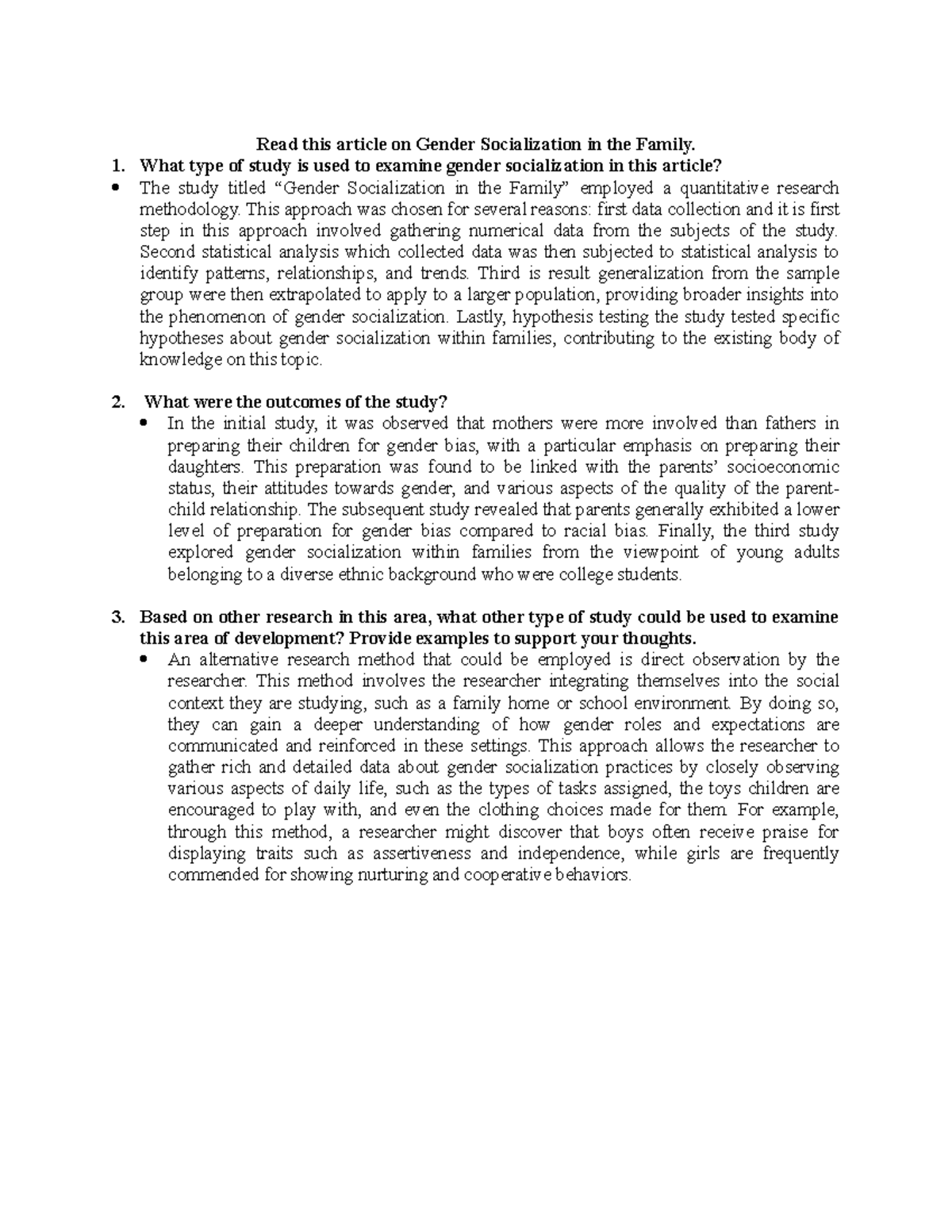 PSY 319 Discussion 6: Gender Socialization Study Insights and Methods ...