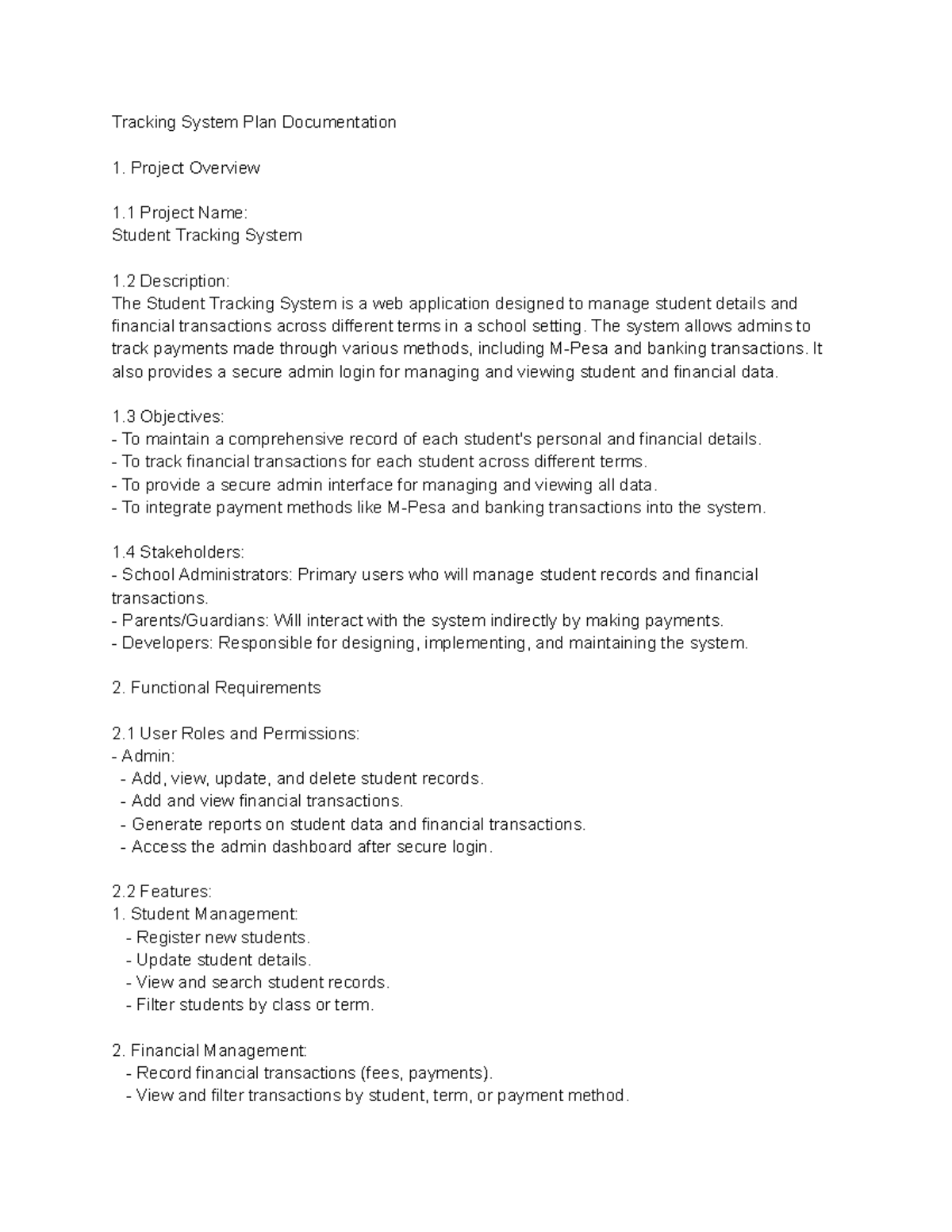 Student Tracking System Plan Documentation: Overview & Requirements ...