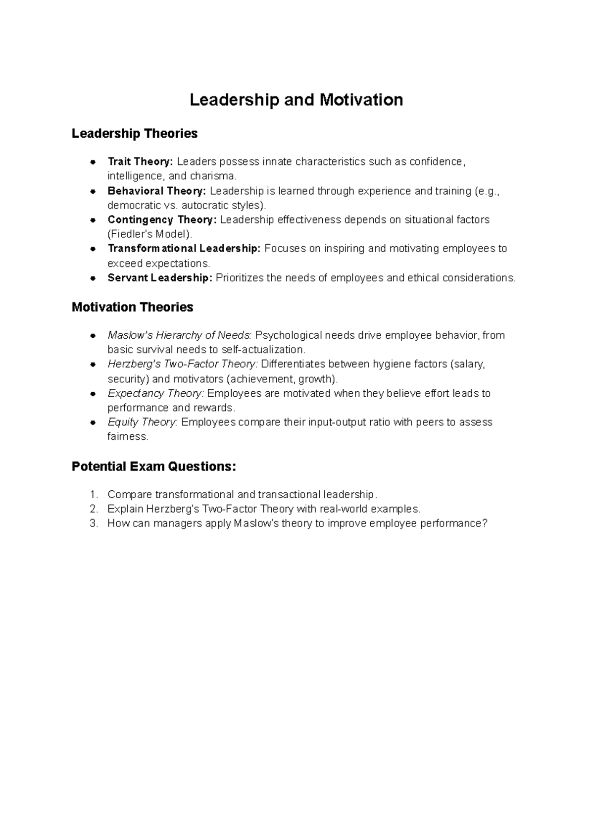 Leadership and Motivation Theories: Insights for Exam Preparation - Studocu