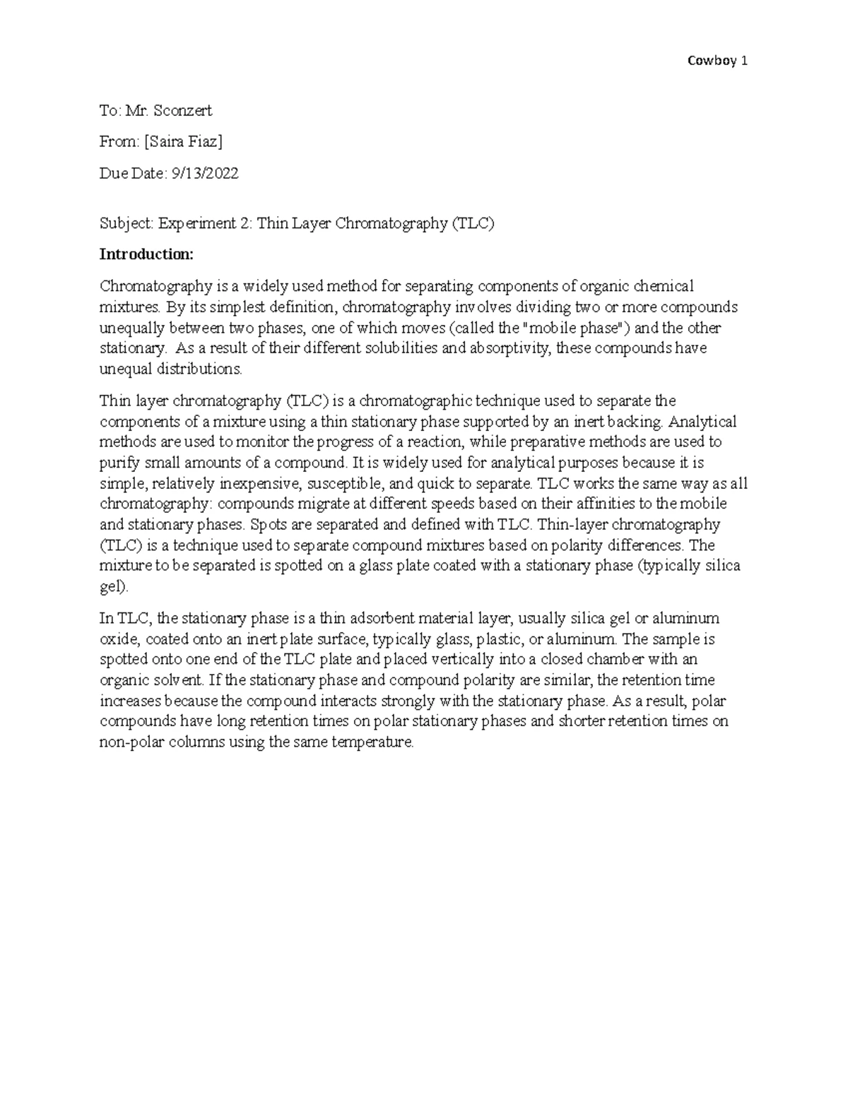 Lab 2 TLC Experiment (F22) - Thin Layer Chromatography (TLC ...