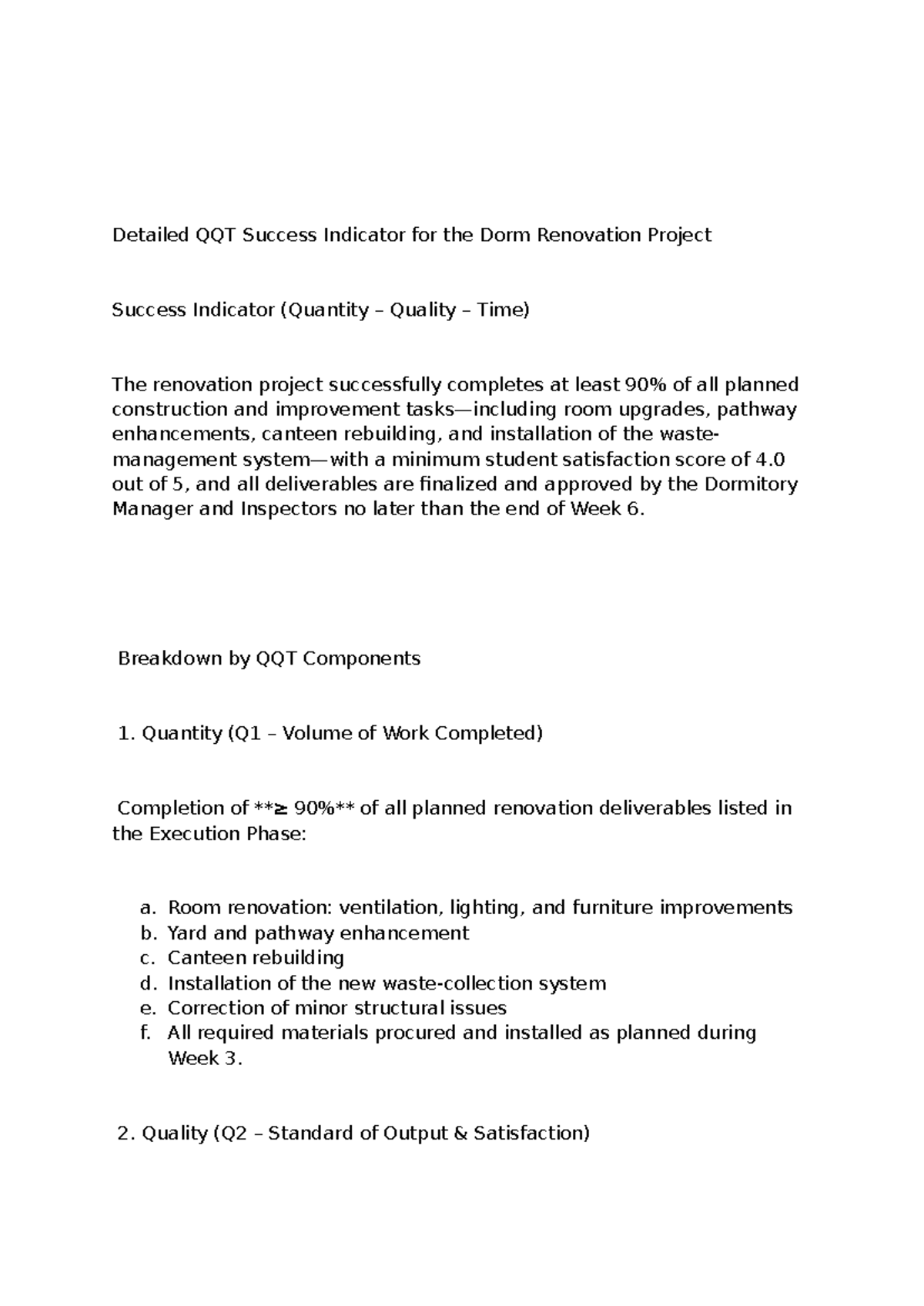 QQT Success Indicators for Dorm Renovation Project (Bai 9 Tap) - Studocu