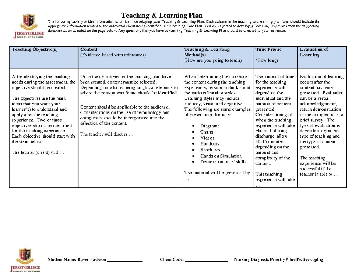 NUR 301 Teaching Learning Plan: Developing Effective Teaching ...