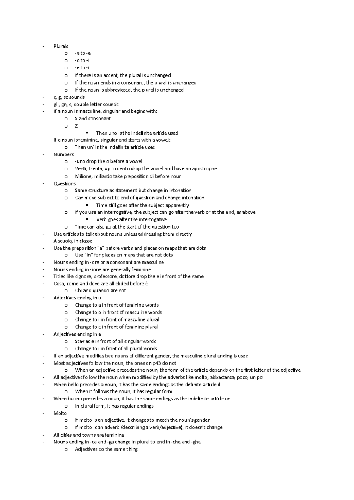 Italian 1 Grammar Notes: Rules on Plurals, Articles, and Verbs - Studocu