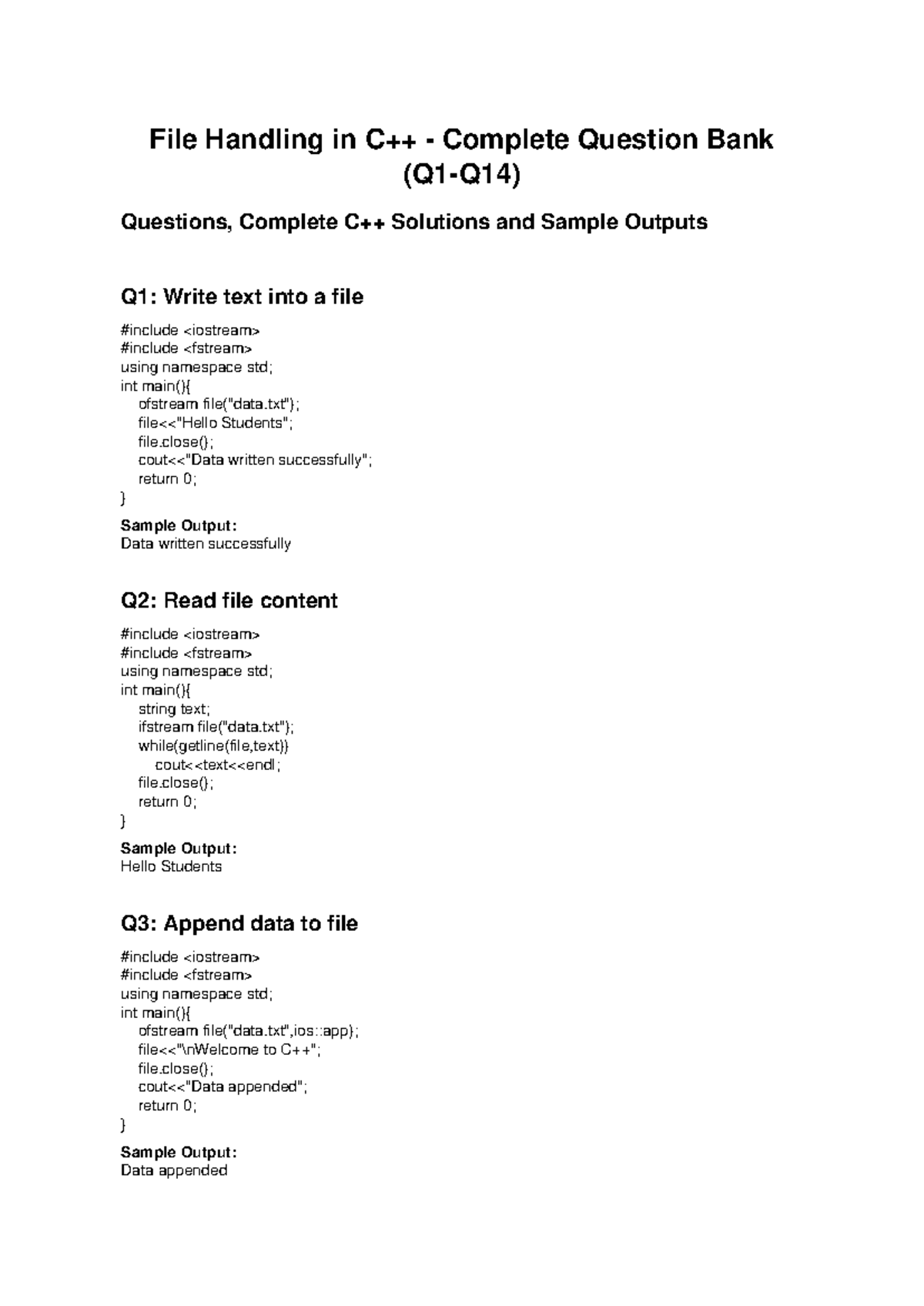 9. File Handling: Complete Q&A with Solutions and Outputs - Studocu