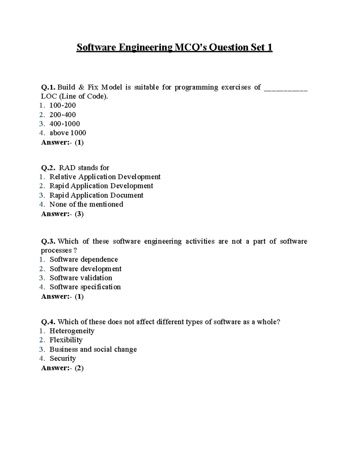 Software Engineering MCQ Set 2: Key Concepts and Answers - Studocu