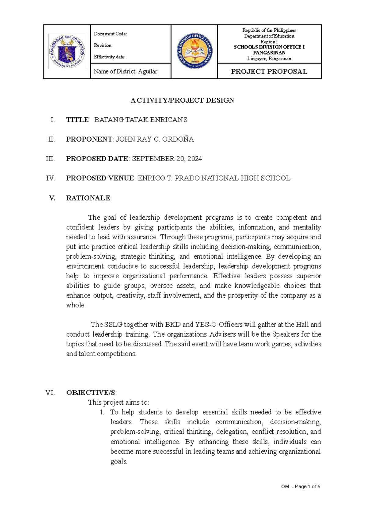 Leadership Training Activity Proposal: Batang Tatak Enricans Project ...