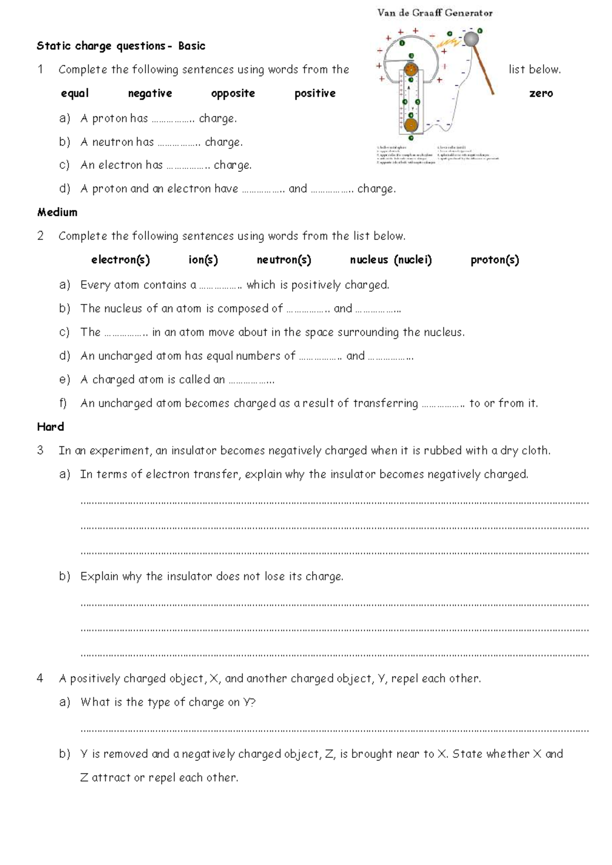 Static Charge Basics: Notes for Course 1 - Complete Sentences and ...