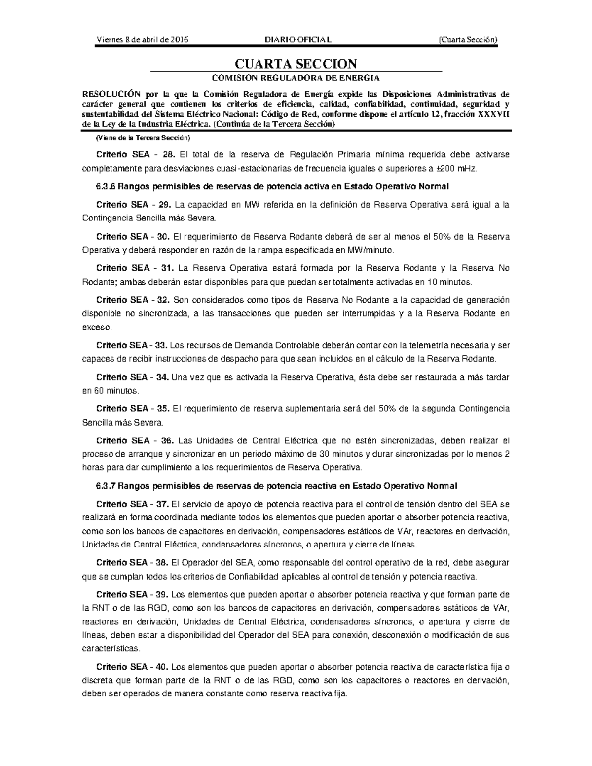 DOF Código de Red: Requisitos y Criterios del SEN (8 Abr 2016) - Studocu