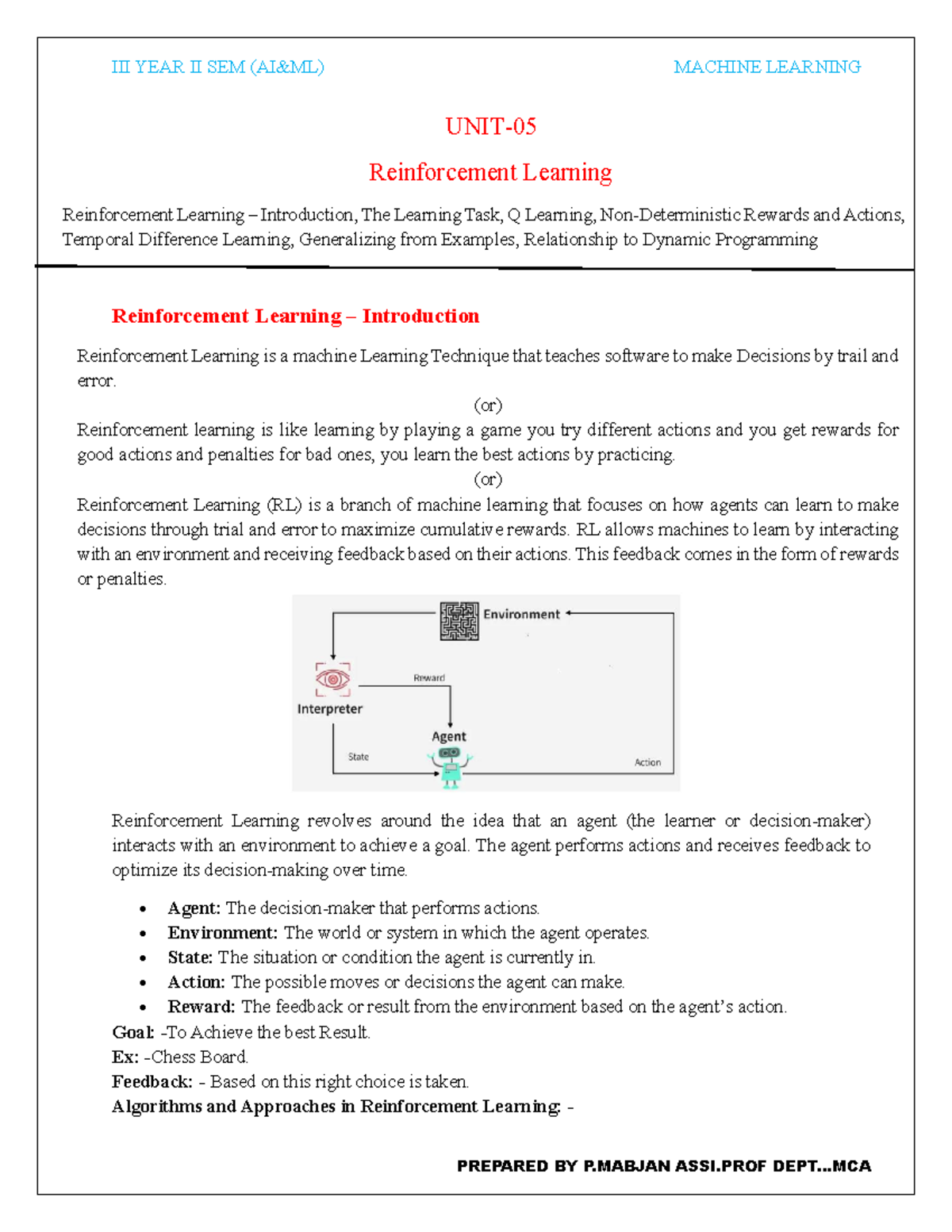 YEAR II SEM MCA Machine Learning: Reinforcement Learning Overview - Studocu