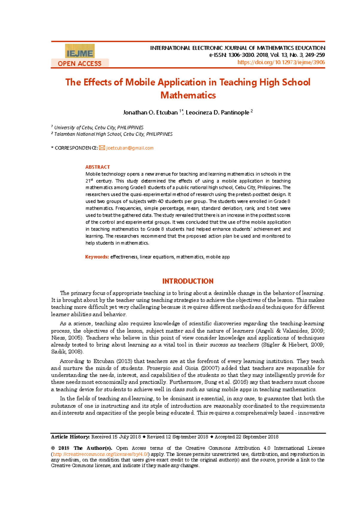 The effects of mobile application in teaching high school mathematics ...