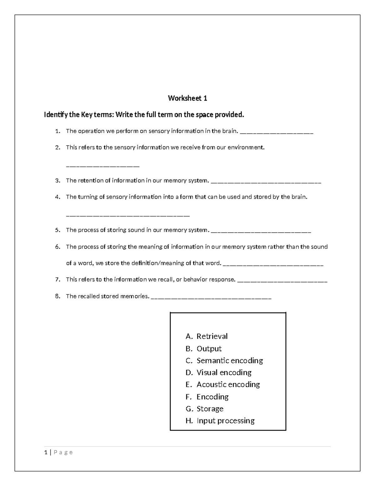 Memory Worksheets for Year 9DE: Key Terms, Models & Processes - Studocu