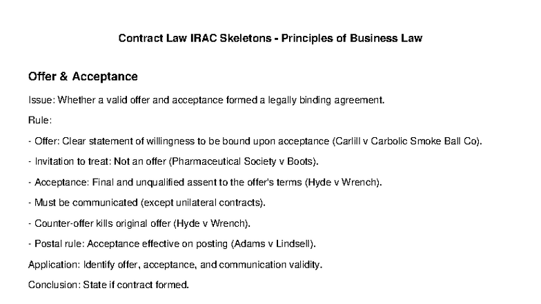Contract Law IRAC Skeletons: Key Principles & Case Summaries - Studocu