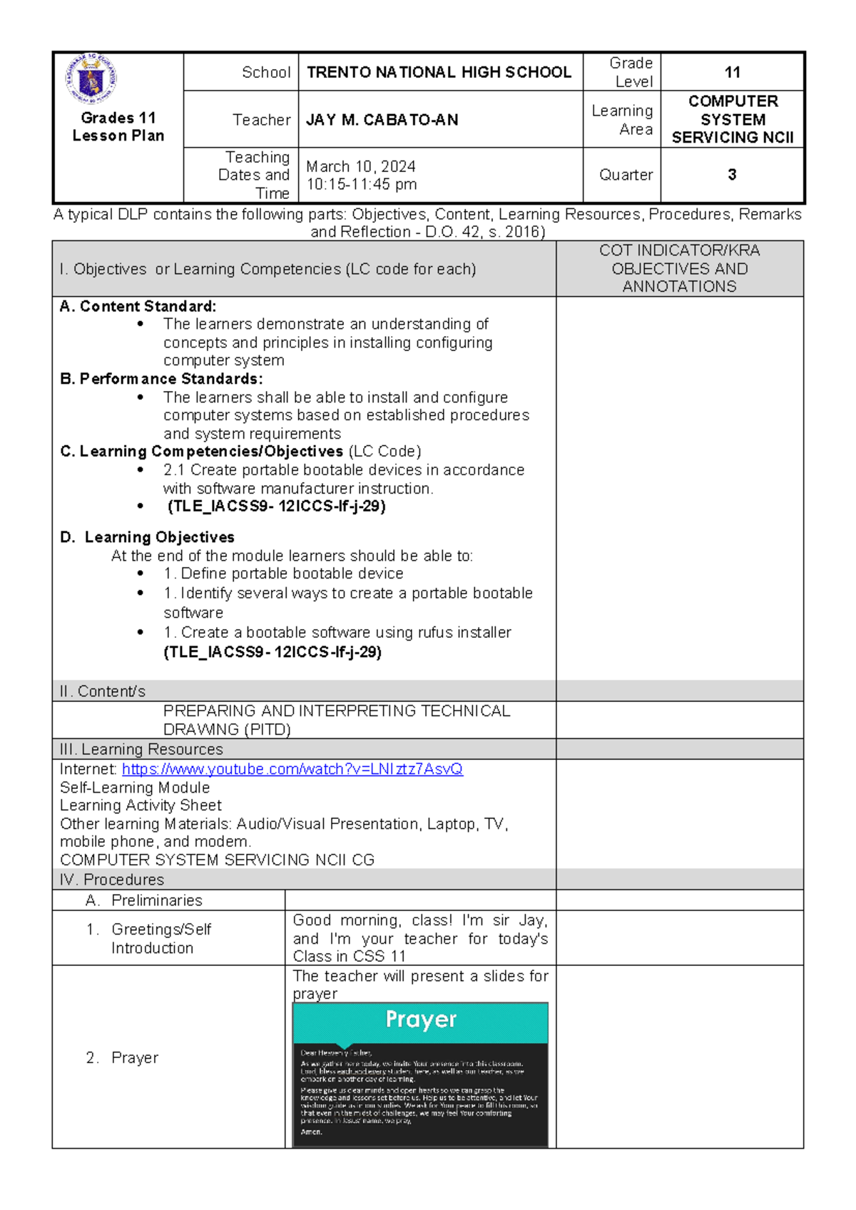 COT3 Lesson Plan on Installing Portable Bootable Devices for CSS 11 ...
