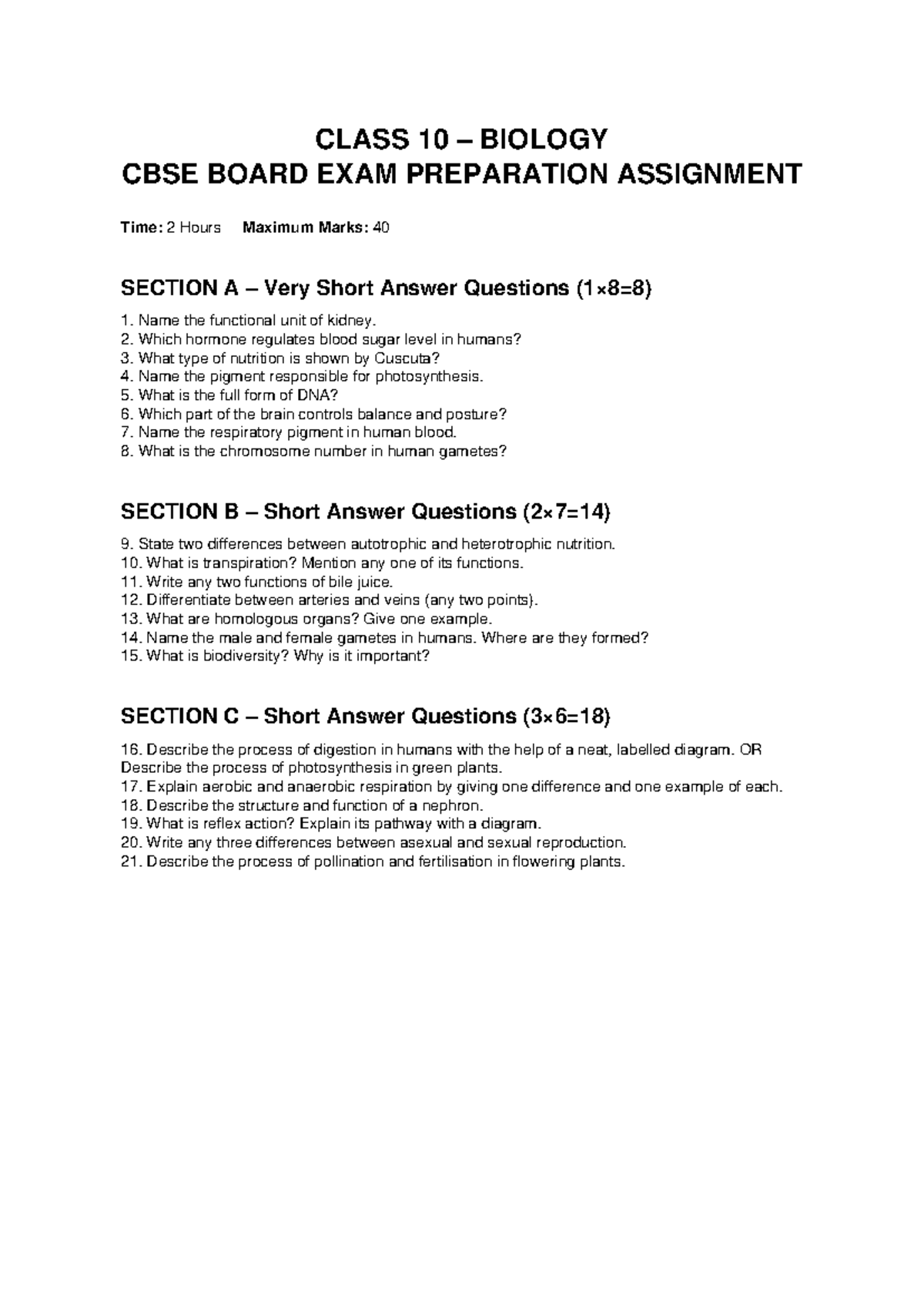 Class 10 Biology CBSE Board Exam Prep Assignment - Studocu