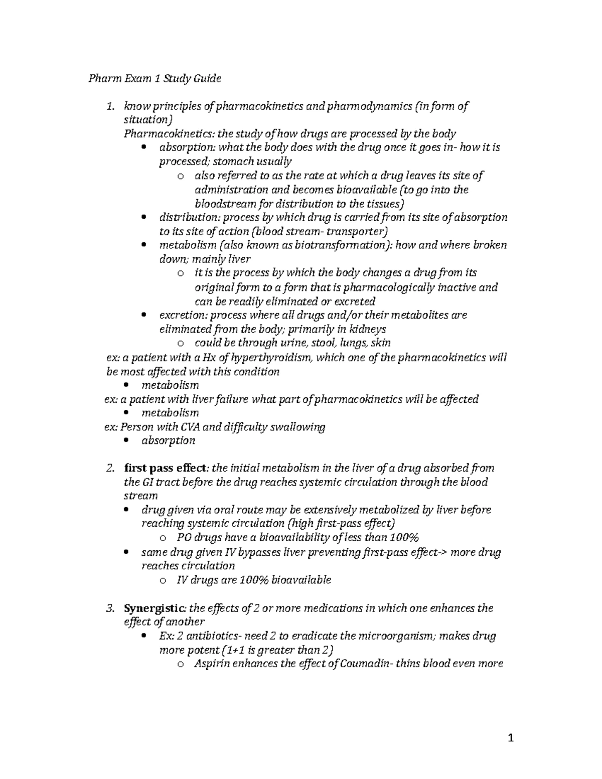 Pharm Exam 1 Study Guide - STUDY GUIDE EXAM 1 PHARM Chapter 1 – The ...