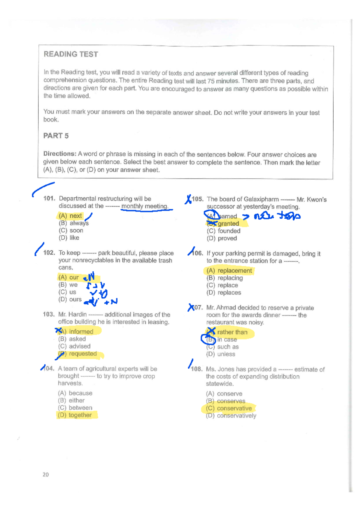 READING TEST: Comprehension Questions and Directions - Studocu
