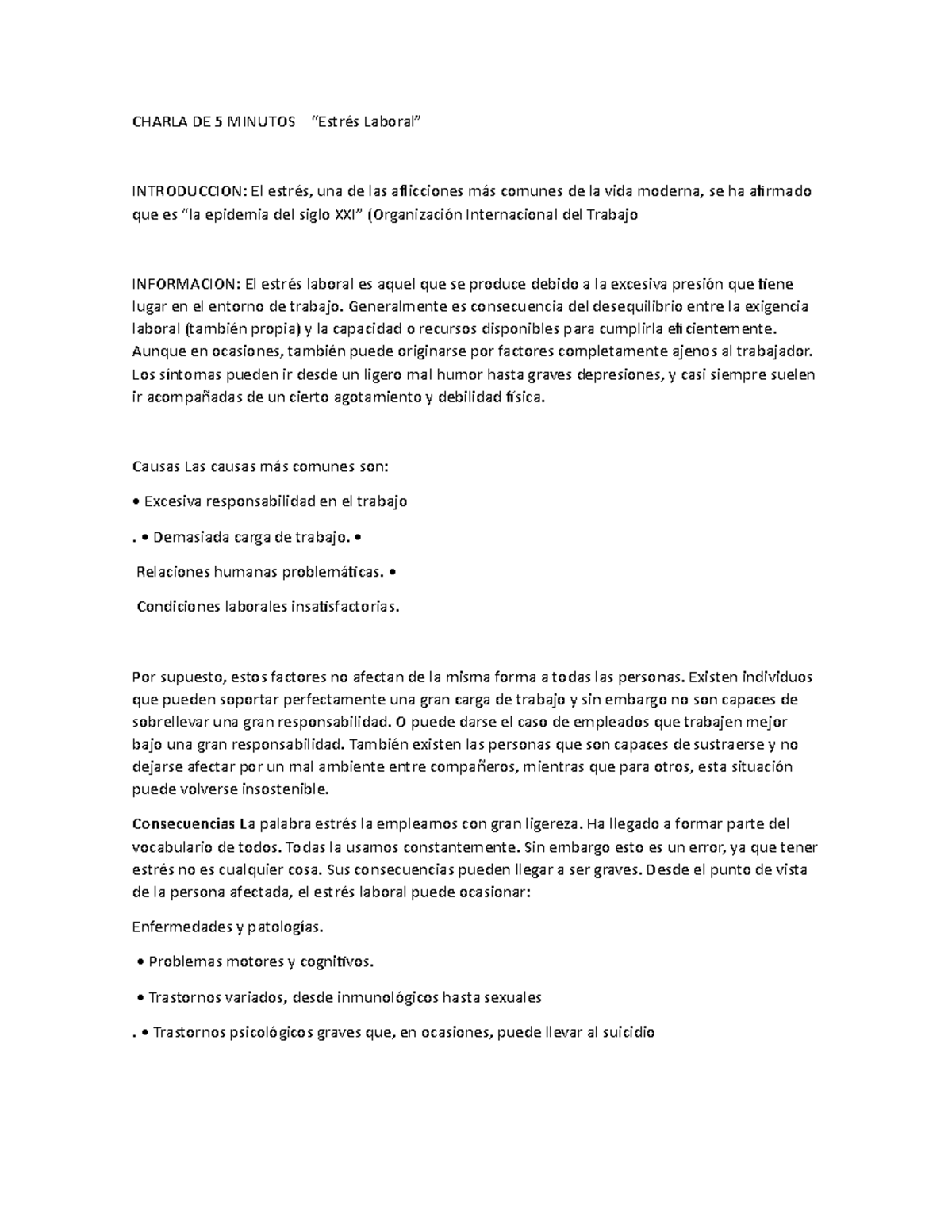 Charla 5 Min: Estrés Laboral y Sus Consecuencias - Studocu