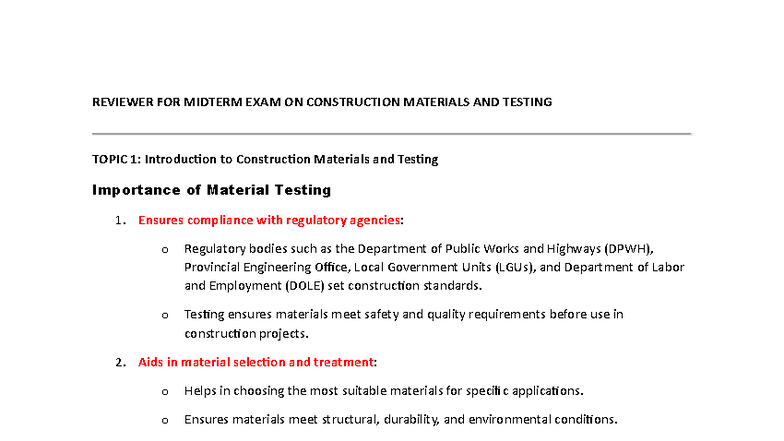 REVIEWER FOR MIDTERM EXAM ON CONSTRUCTION MATERIALS AND TESTING - Studocu