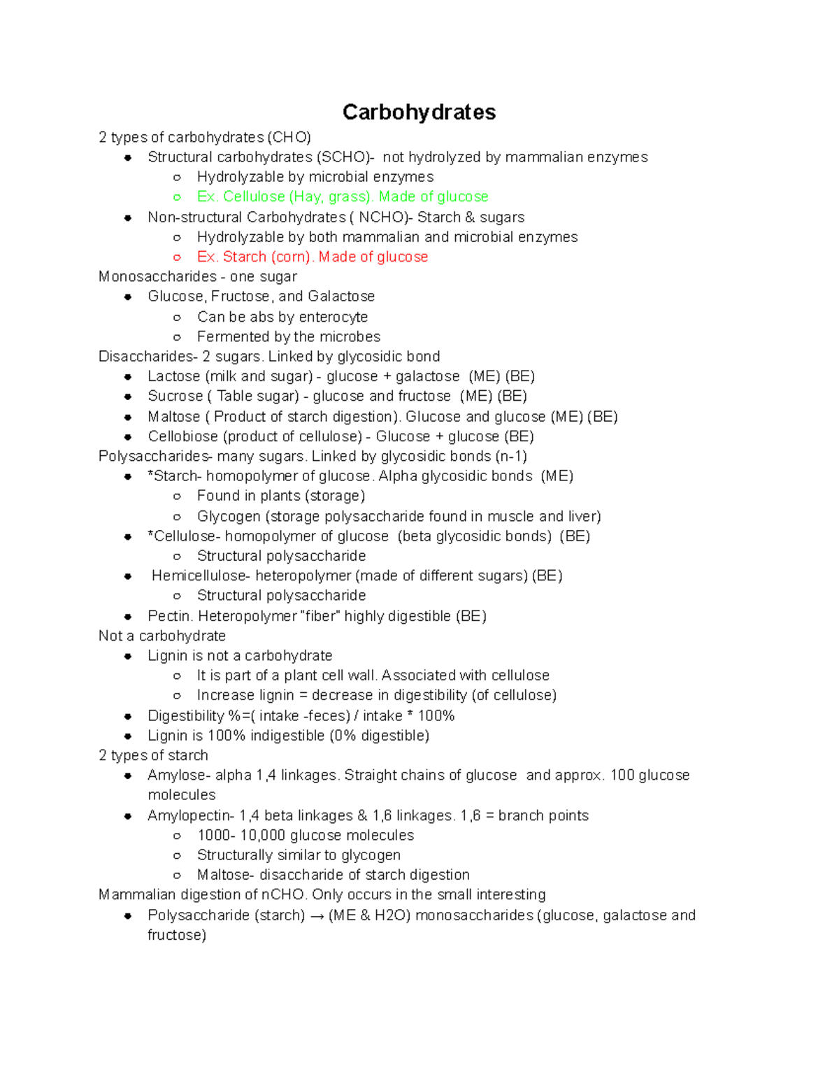 ANSC 303 Exam II - Carbohydrate Digestion and Metabolism Notes - Studocu