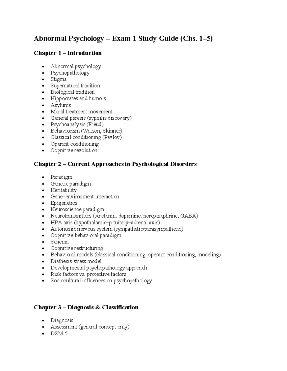 Abnormal Psychology Exam 1 Study Guide (Chs. 1-5 Overview) - Studocu