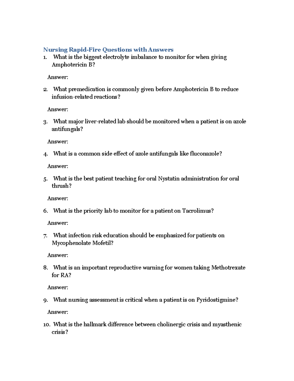 NUR 101: Nursing Rapid-Fire Questions & Answers for Exam Prep - Studocu
