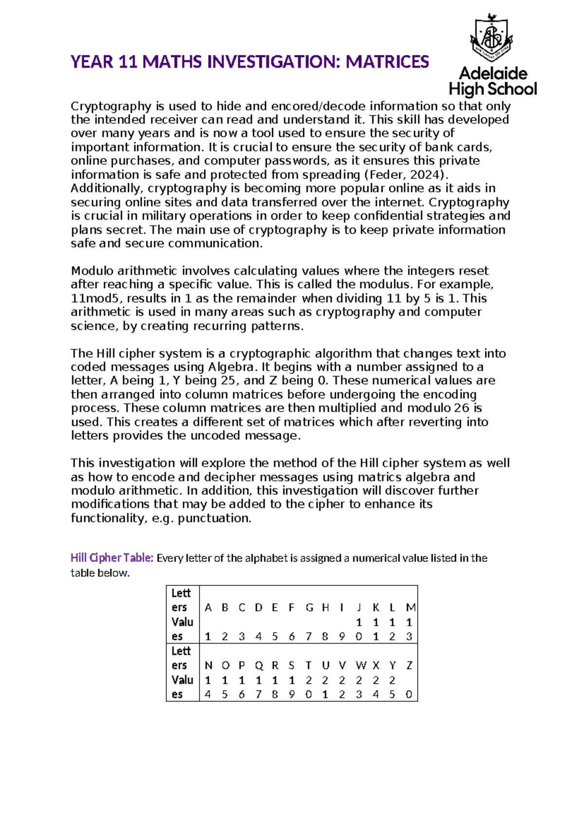 YEAR 11 MATHS INVESTIGATION: HILL CIPHER & MATRICES EXPLORATION - Studocu