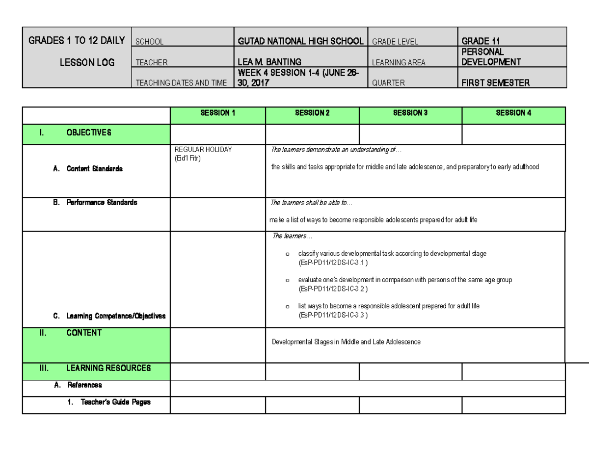 GRADE 11 Personal Development Lesson Plan for Week 4 (June 26-30) - Studocu