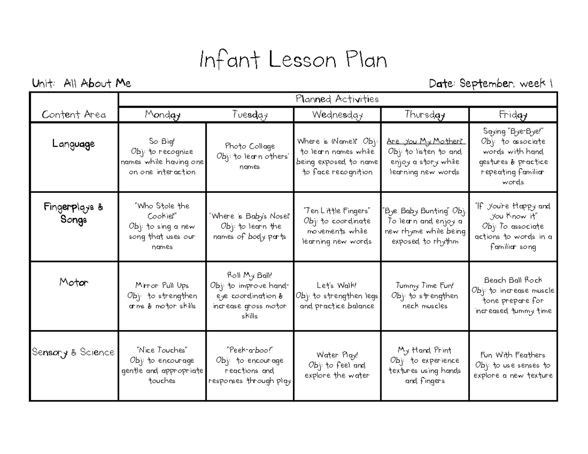 Infant Lesson Plans: Year-Long Curriculum Overview and Activities - Studocu