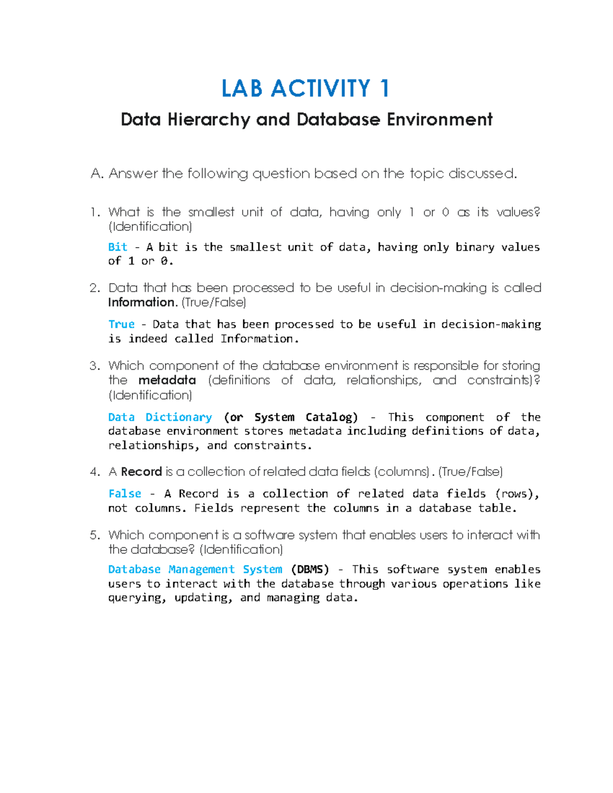Gustilo LAB Activity 1: Data Hierarchy & Database Environment - Studocu