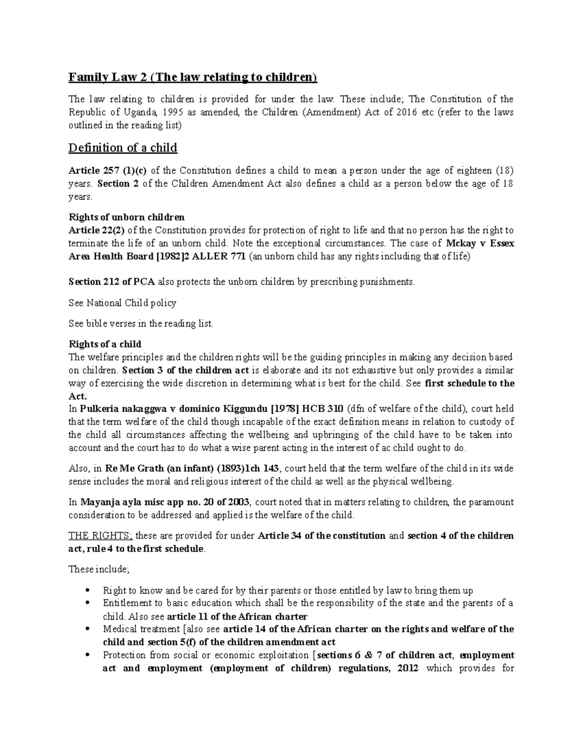 Family Law 2 - Summary of Children's Rights and Welfare - Studocu