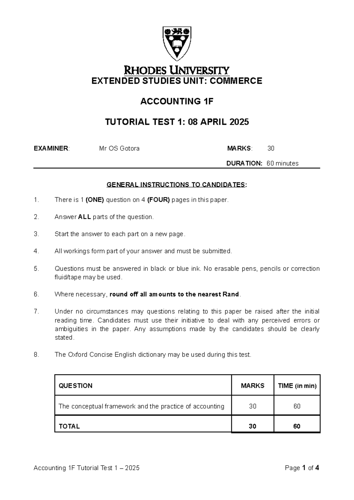 Acc 1F - Commerce Accounting Tutorial Test 1: 08 April 2025 - Studocu