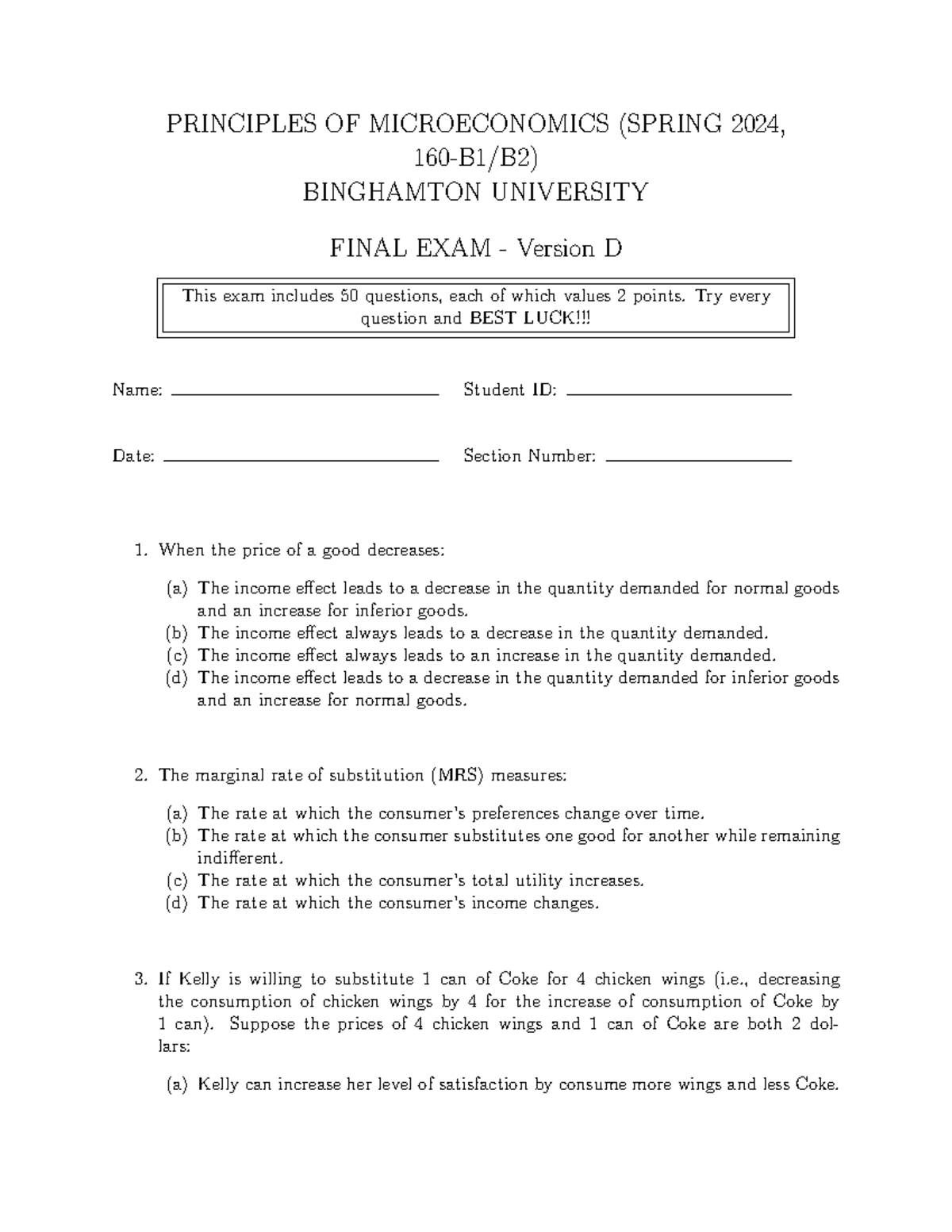 Econ 160 Final Exam Study Guide: Spring 2024 - Version D - Studocu