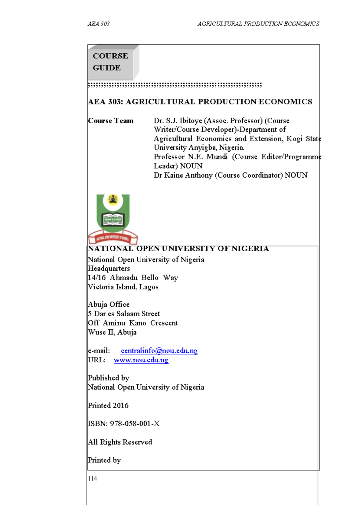 AEA 303 Course Guide: Agricultural Production Economics Overview - Studocu