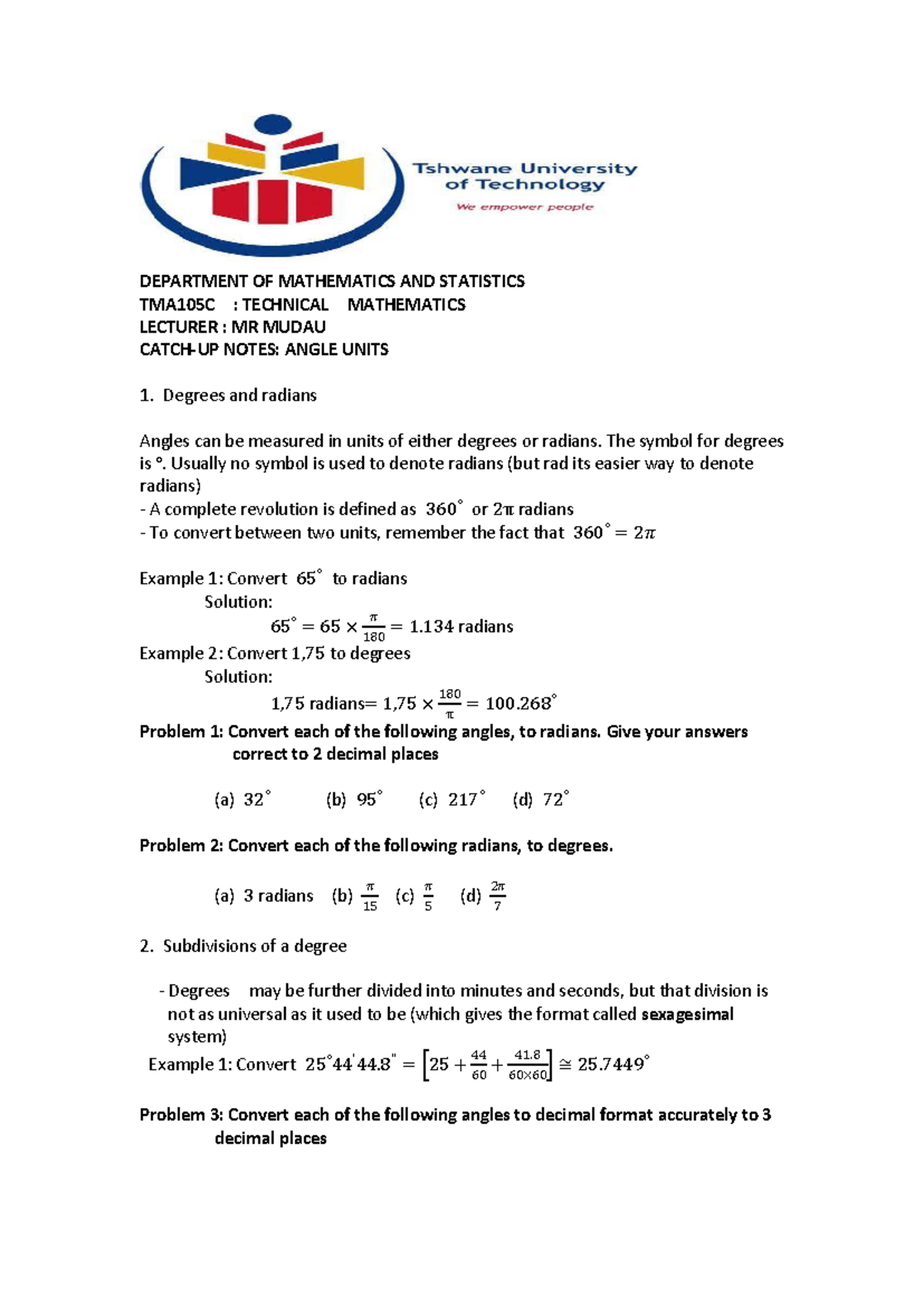 Angle Units TCM - DEPARTMENT OF MATHEMATICS AND STATISTICS TMA105C ...