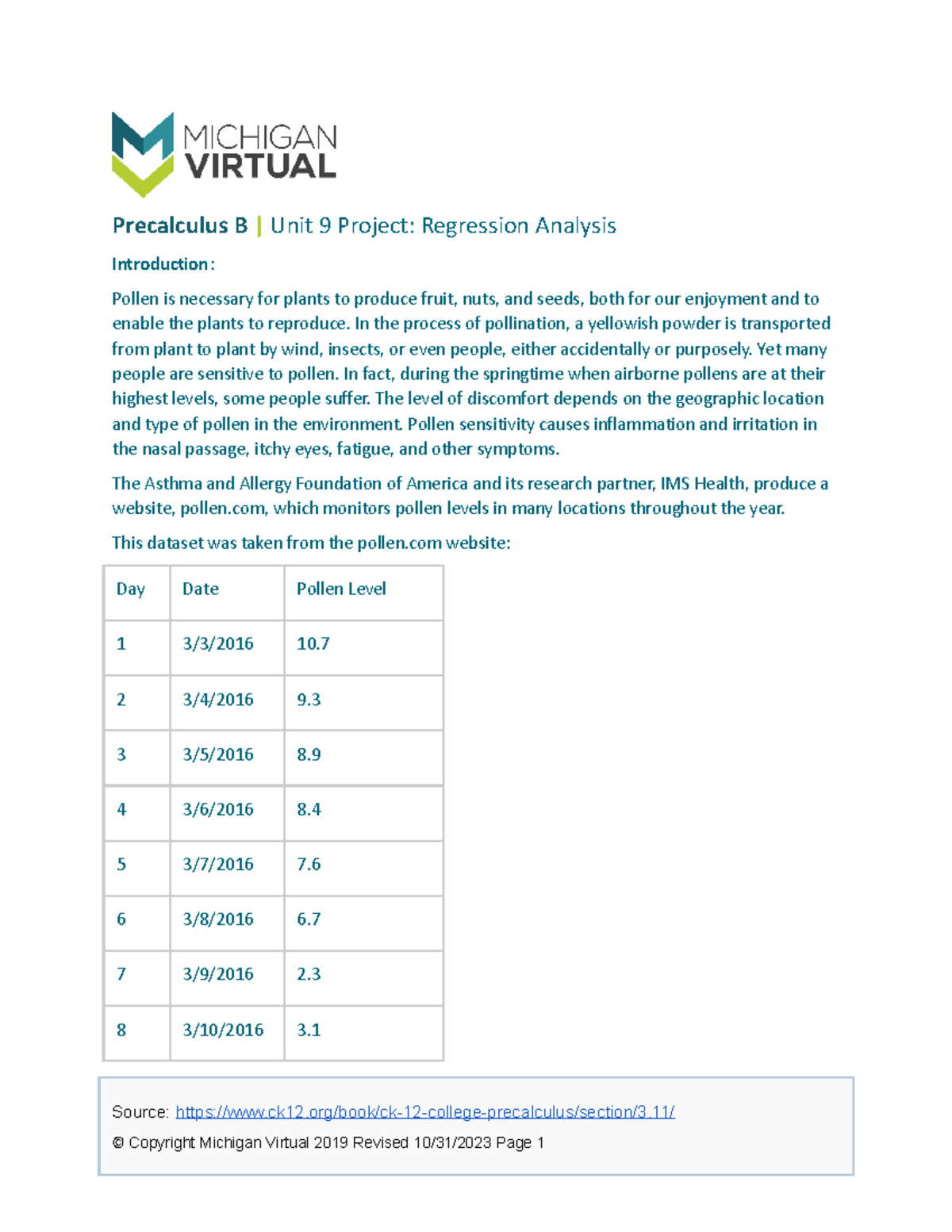 Precalc BU 9Project Regression Analysis - Precalculus B | Unit 9 ...