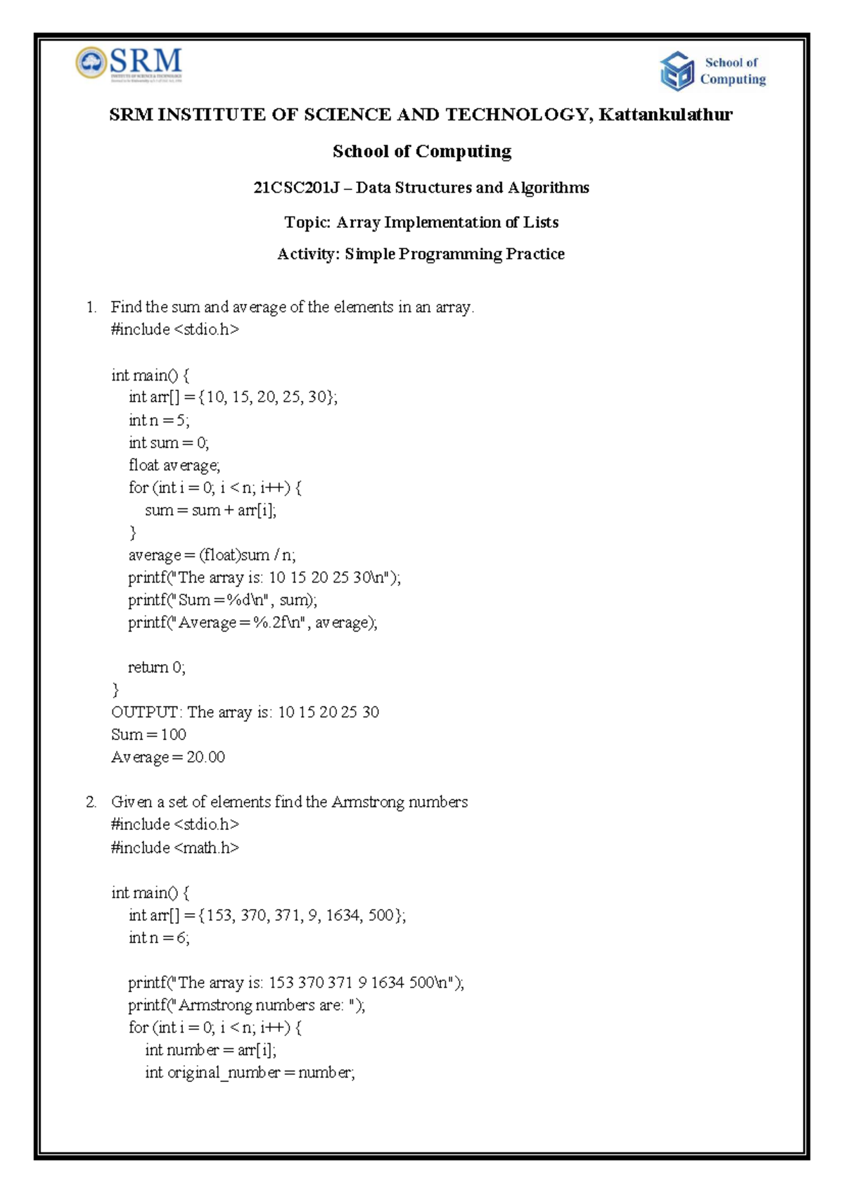 21CSC201J Data Structures & Algorithms: Array Implementation Practice ...