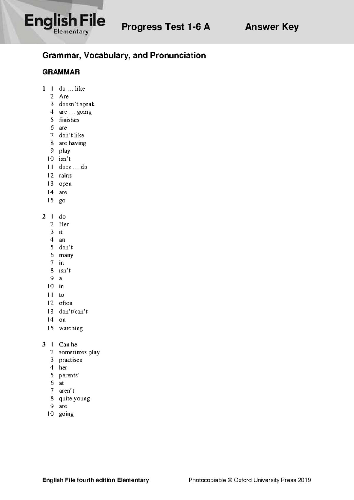 Progress Test A Answer Key: Grammar, Vocabulary & Pronunciation EF4e ...