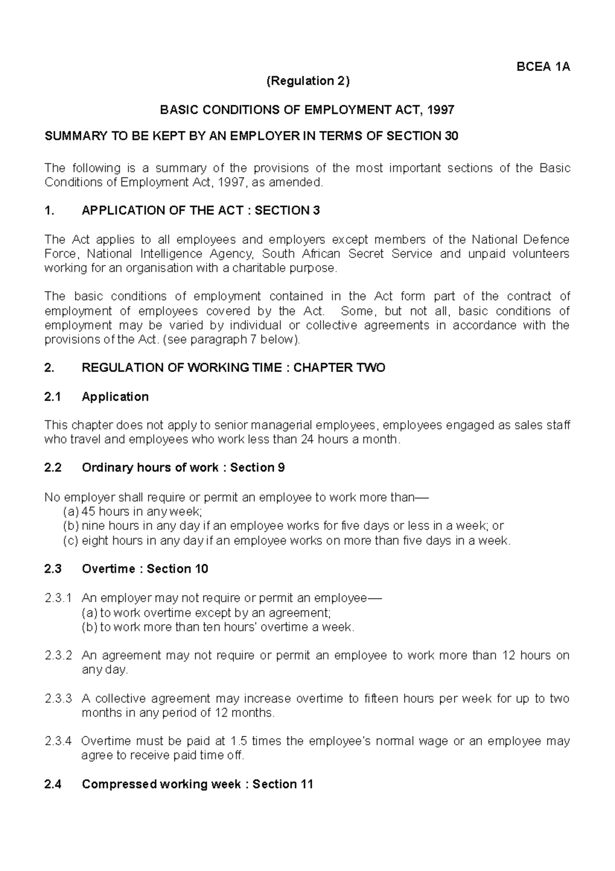 BCEA 1A Summary: Key Provisions of the Basic Conditions of Employment ...