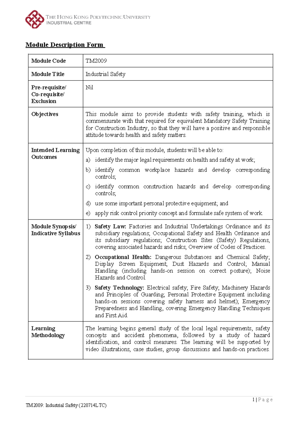 TM2009: Industrial Safety Module Overview and Learning Outcomes - Studocu