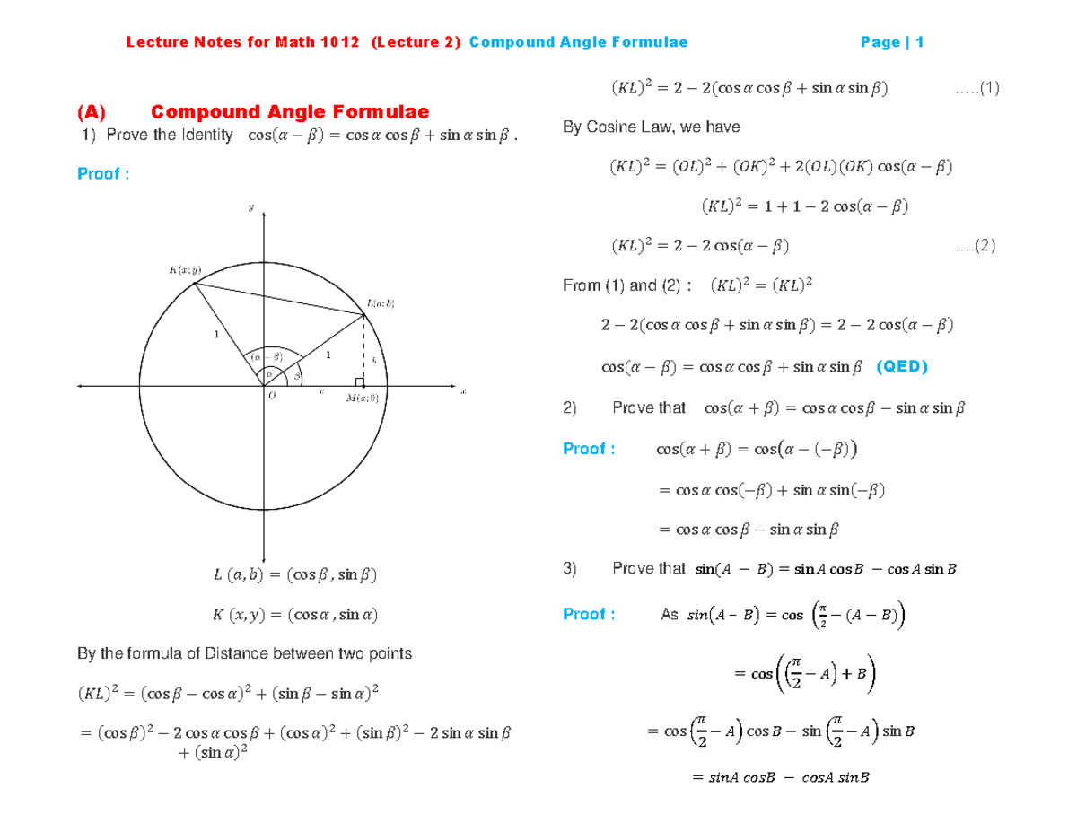 Lecture Notes for Math 1012: Compound Angle Formulae (Lecture 2) - Studocu