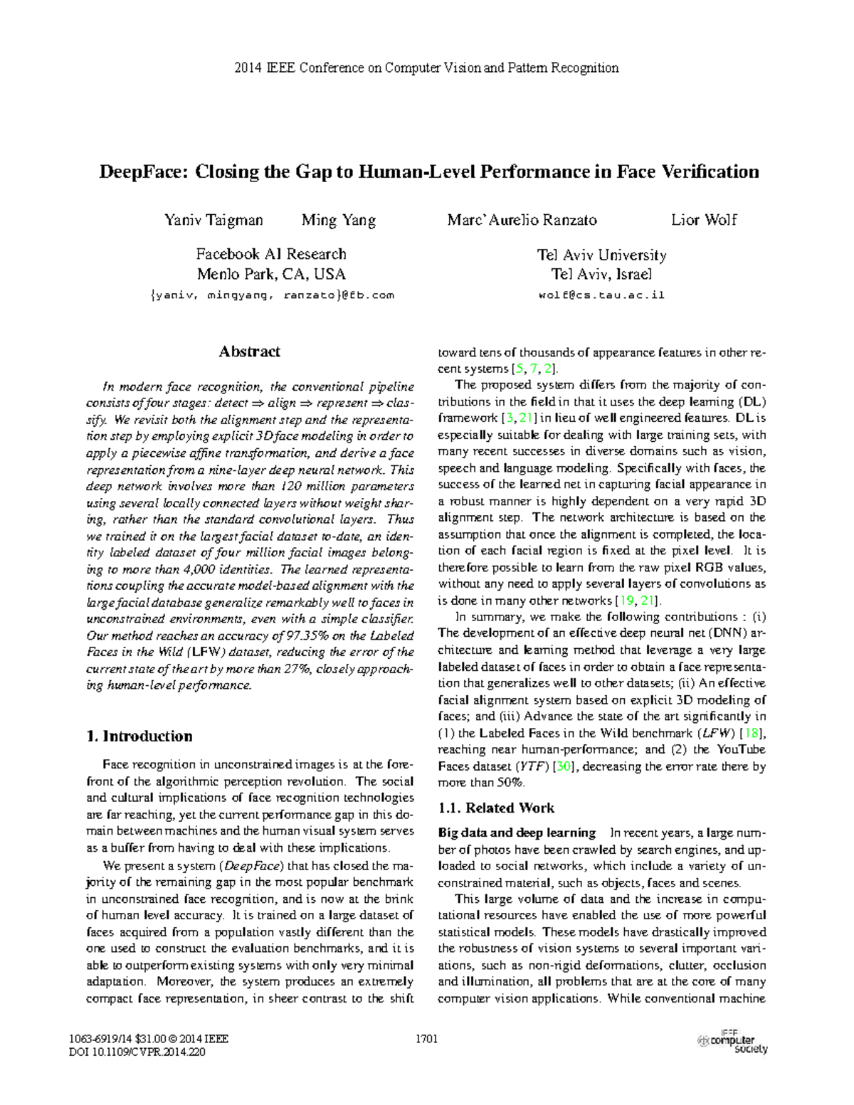 2014 CS 06 DeepFace: Bridging the Gap to Human-Level Face Verification ...