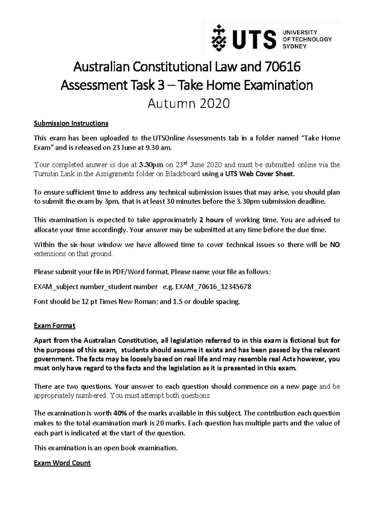 ACL 70616 Assessment Task 3: Take Home Exam Instructions - Autumn 2020 ...
