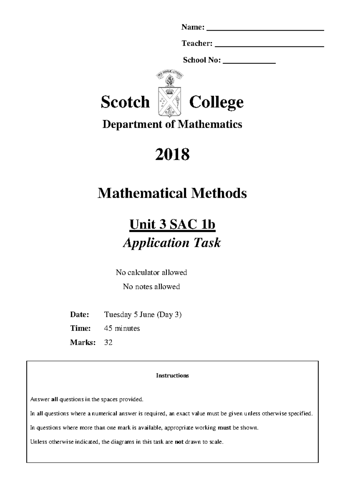 Mathematical Methods (Unit 3) SAC 1b: Application Task - 2018 - Studocu