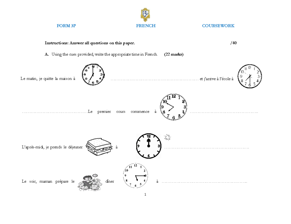 Form 3P French exam November 2021 - 1 FORM 3P FRENCH COURSEWORK ...