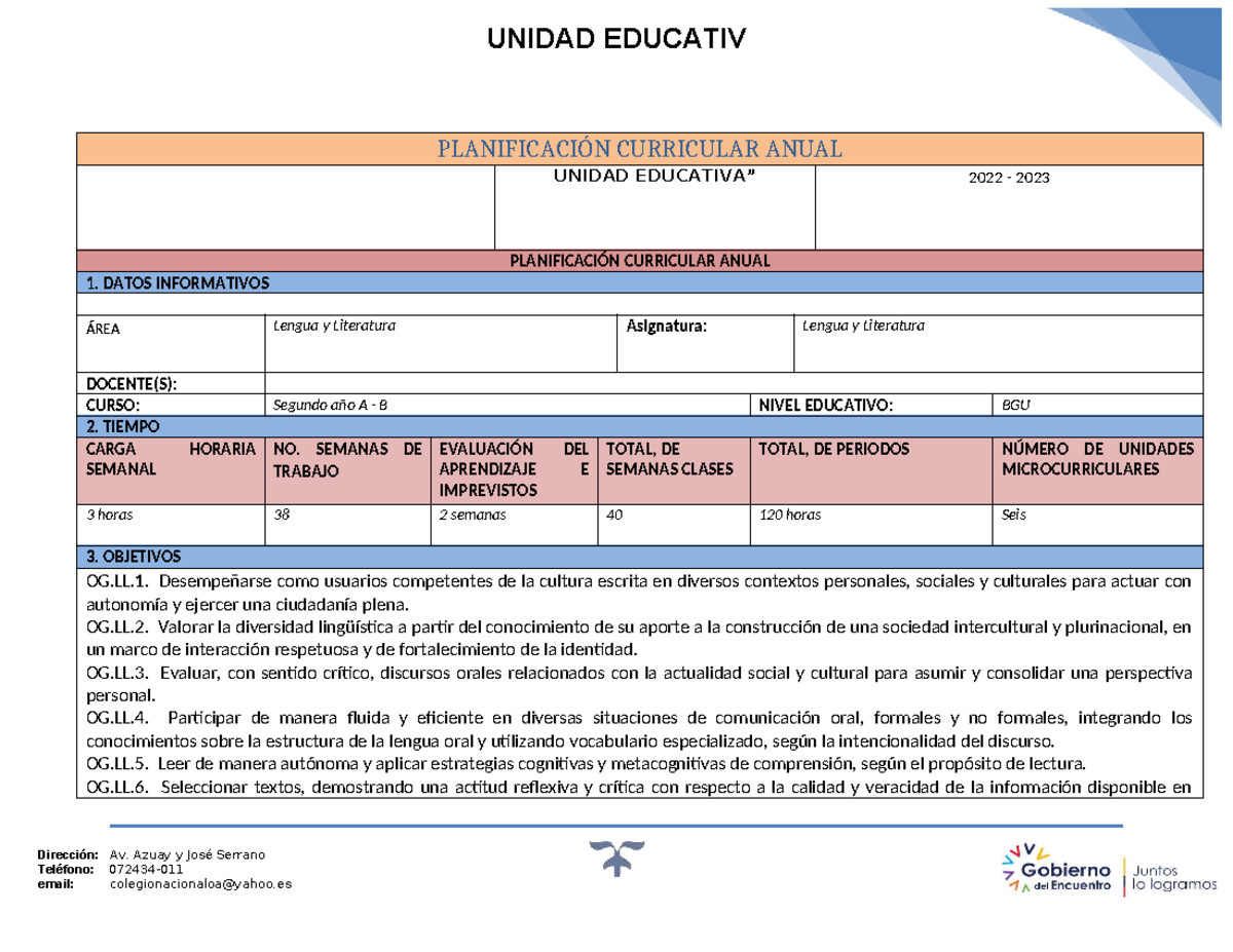 PCA 2 BGU - Planificación Curricular Anual de Lengua y Literatura - Studocu