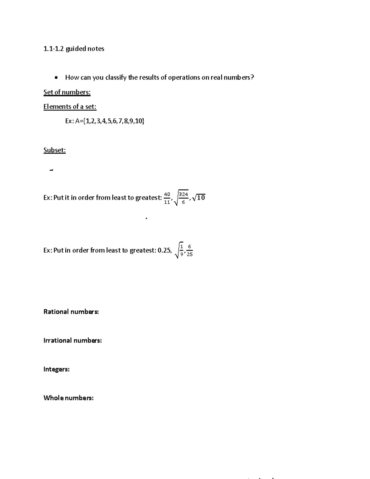 AG+1 - Guided Notes on Classifying Operations with Real Numbers - Studocu