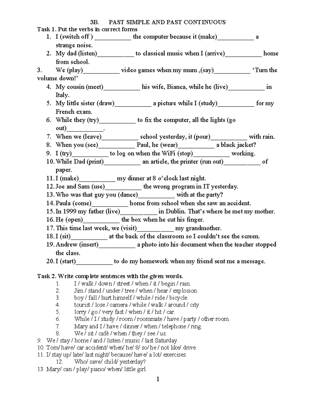 3B. Past Simple & Past Continuous Exercises and Tasks - Studocu