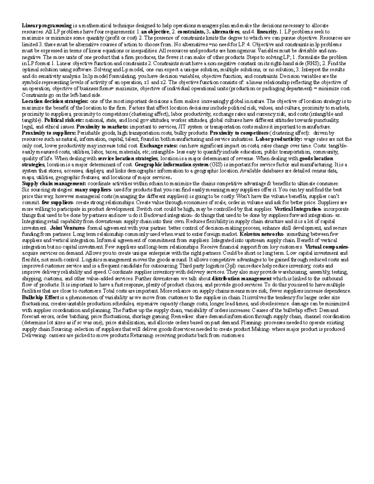 Linear Programming & Supply Chain Management Cheat Sheet - Studocu