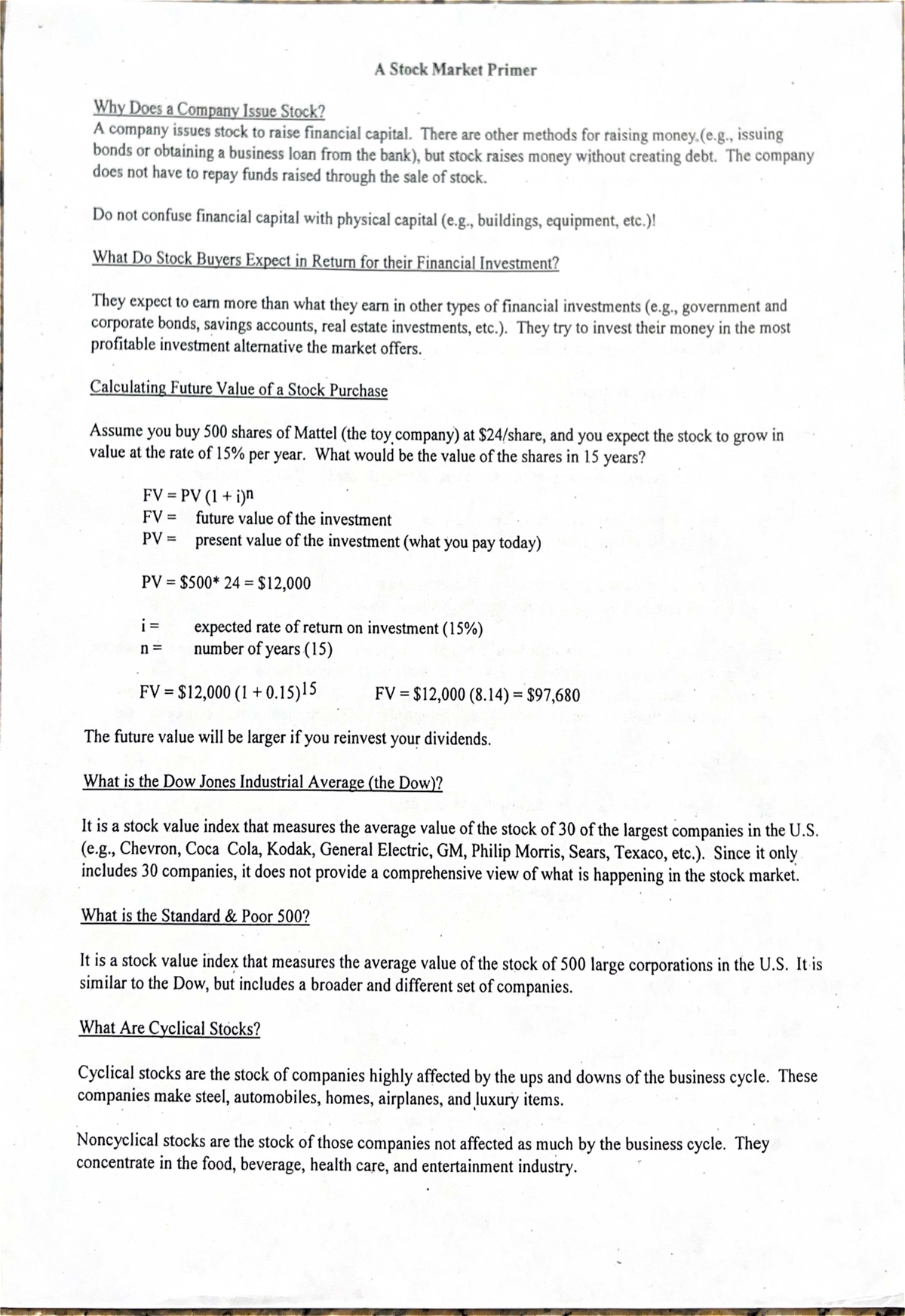 A Stock Market Primer: Lecture Notes on Stock Issuance and Investment ...